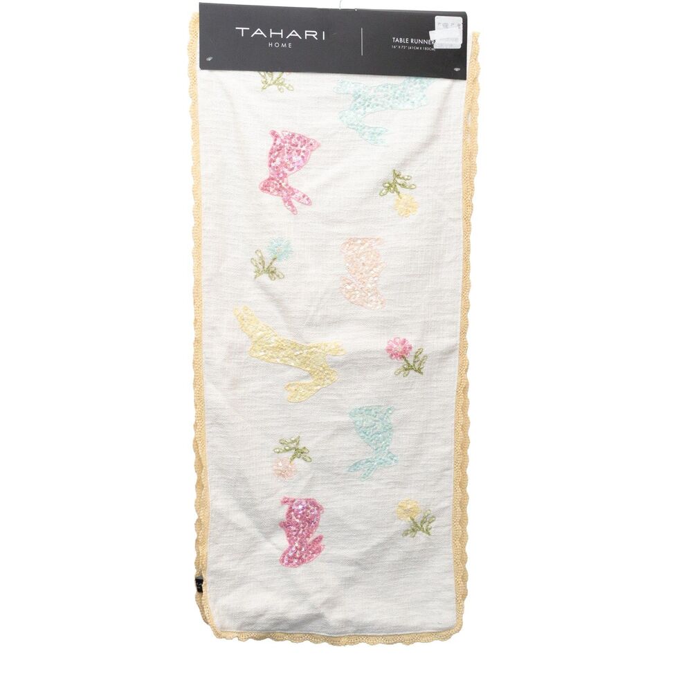 TAHARI HOME Easter Bunny Sequin Table Runner 14"x72" Embroidered Lace Trim New